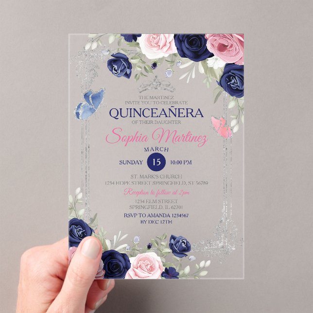 Pink Floral Navy Blue Butterfly Silver Quinceañera Acrylic Invitations (Insitu (Handheld))