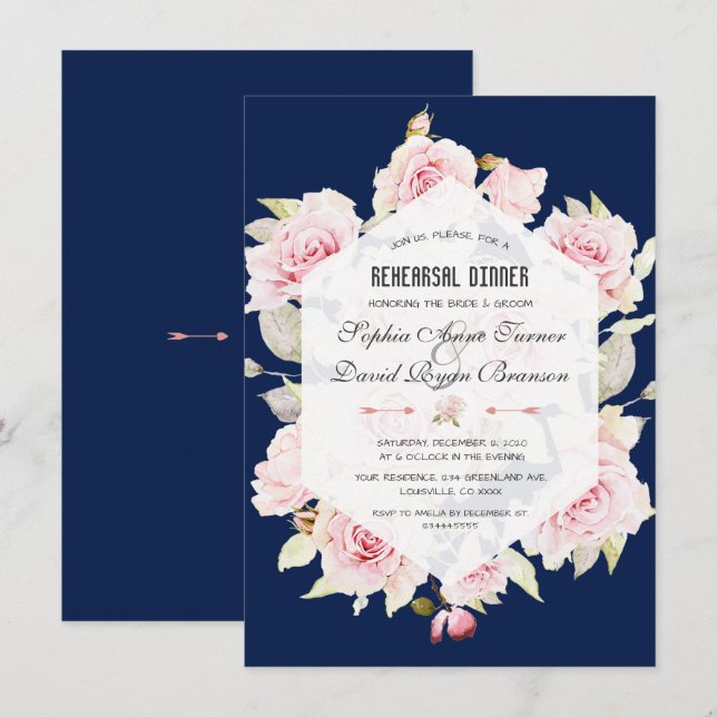 Pink Floral Navy Blue Geometric Rehearsal Dinner Invitation (Front/Back)