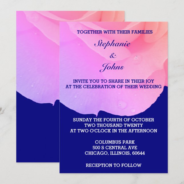 Pink Floral Navy Blue Rose Elegant Custom Wedding Invitation (Front/Back)