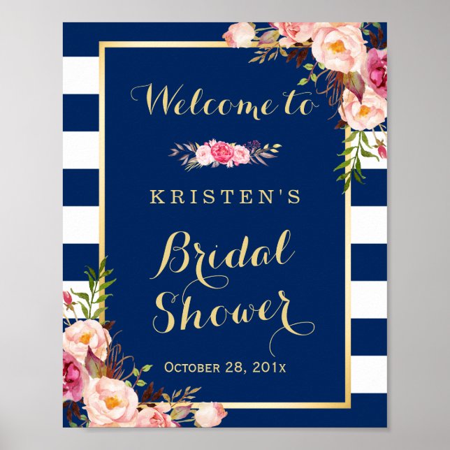 Pink Floral Navy Blue Stripes Bridal Shower Sign (Front)