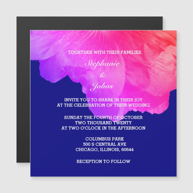 Pink Floral Navy Blue White Cute Unique Wedding Magnetic Invitation (Front/Back)