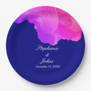 Pink Floral Navy Blue White Cute Unique Wedding Paper Plate
