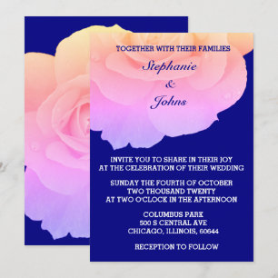 Pink Floral Navy Blue White Rose Flower Wedding Invitation