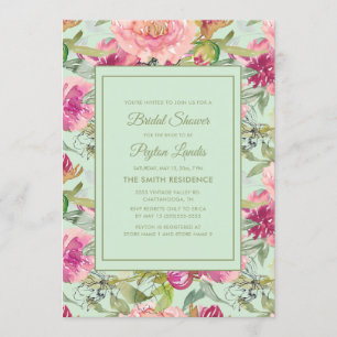 Pink Floral Neo Mint Green Bridal Shower Invitation
