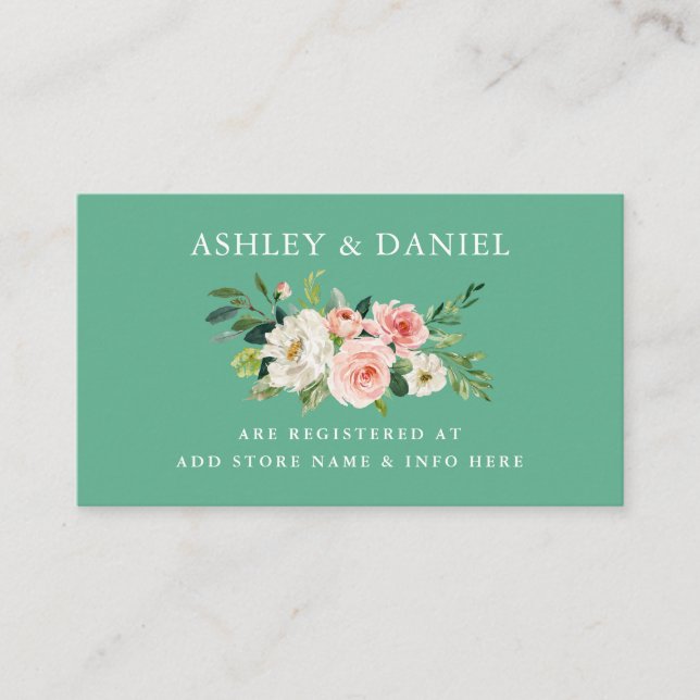 Pink Floral Neo Mint Wedding Registry Insert Card (Front)