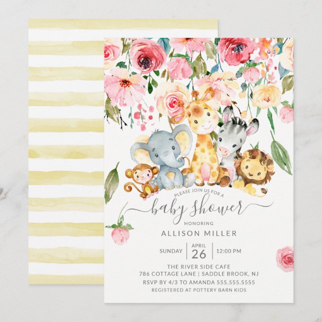 Pink Floral Neutral Safari Animals Baby Shower Invitation (Front/Back)