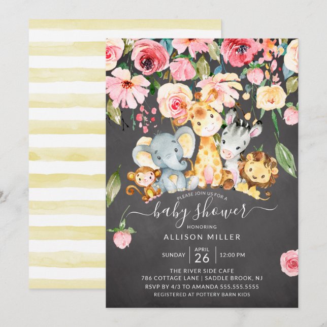 Pink Floral Neutral Safari Animals Baby Shower Invitation (Front/Back)