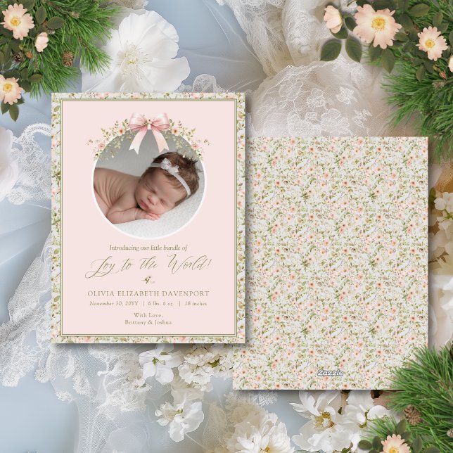 Pink Floral Newborn Baby Photo Christmas Holiday Card (This feminine Christmas card birth announcement is perfect for welcoming a baby girl at the holidays)