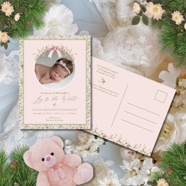 Pink Floral Newborn Baby Photo Christmas Holiday Postcard (This ultra girly Christmas themed birth announcement features dainty roses.)