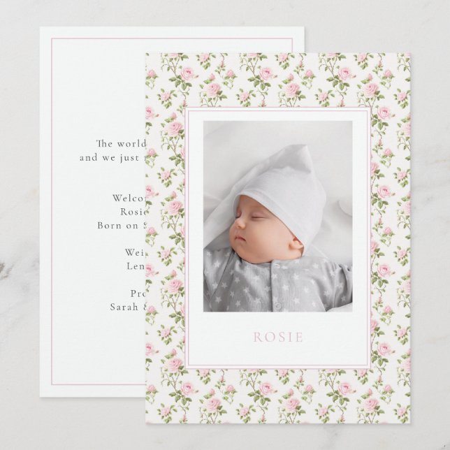 Pink  Floral Newborn Birth Announcement Photo card (Front/Back)