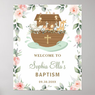 Pink Floral Noah's Ark Girl Baptism Welcome Poster