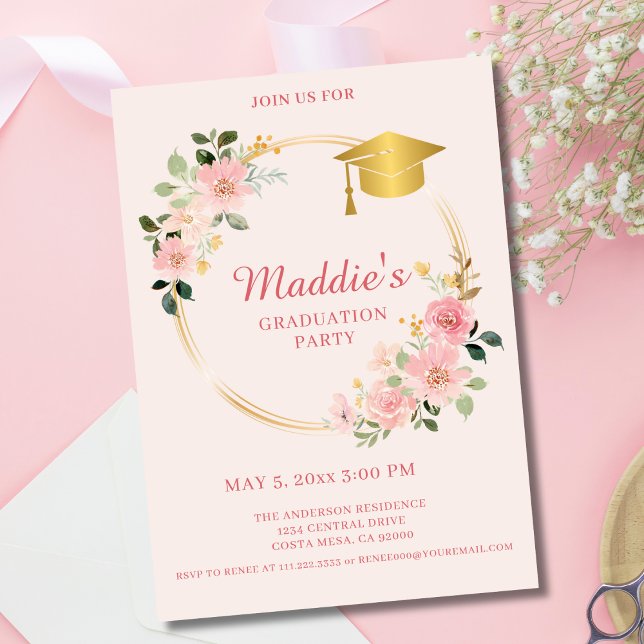 Pink Floral Non Photo Graduation Party Invitation (Creator Uploaded)