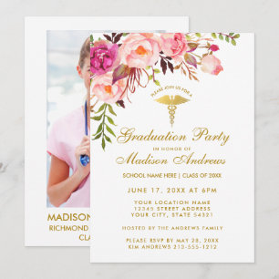 Pink Floral Nurse Grad Party Invite - Photo Back