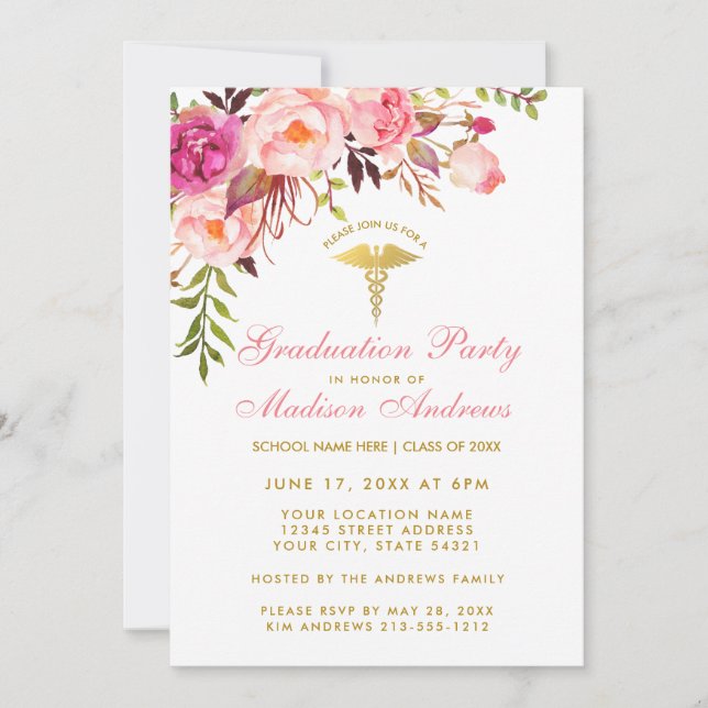 Pink Floral Nurse Graduation Party Invite P (Front)