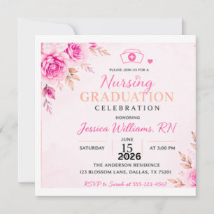 Pink Floral Nursing Graduation Invitation   Elegan