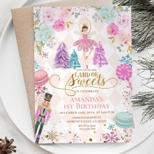 Pink Floral Nutcracker Land of Sweets Birthday Invitation