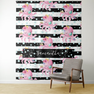 Pink Floral Octopus Water Bubbles Black Stripes Tapestry