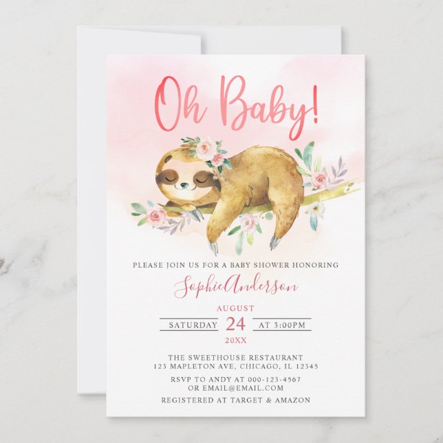 Pink Floral Oh Baby Girl Cute Sloth Baby Shower Invitation (Front)