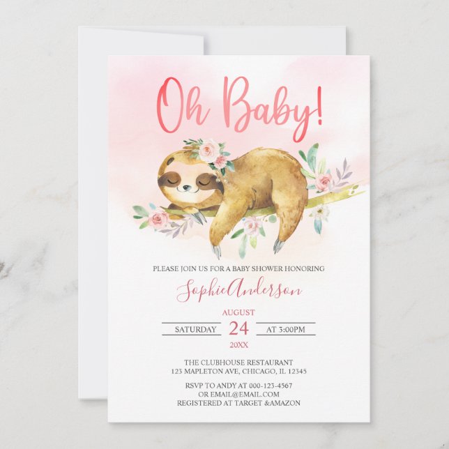 Pink Floral Oh Baby Girl Cute Sloth Baby Shower Invitation (Front)