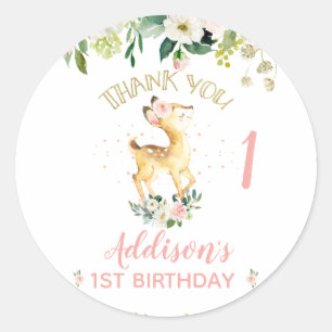Pink Floral Oh Deer 1st Birthday Classic Round Sticker