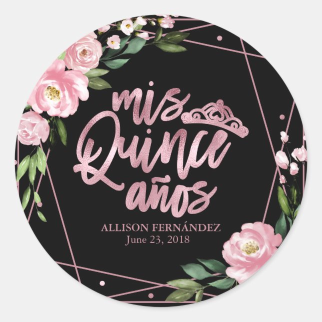 Pink Floral On Black Quinceanera Classic Round Sticker (Front)