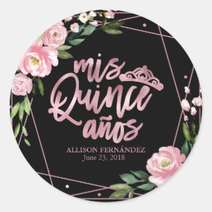 Pink Floral On Black Quinceanera Classic Round Sticker