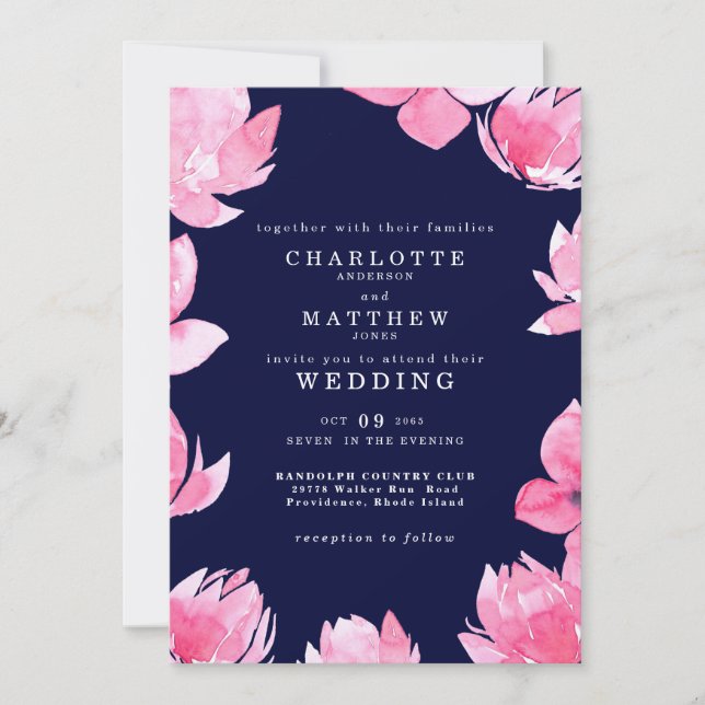 Pink Floral on Dark Navy Wedding Invitation (Front)