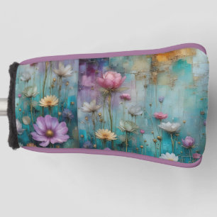 Pink floral on teal gold textured background Golf Head Cover