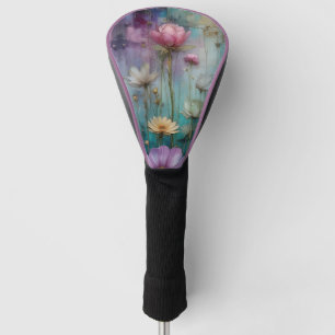 Pink floral on teal gold textured background Golf Head Cover