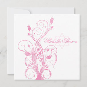 Pink Floral on White Bat Mitzvah Invitation