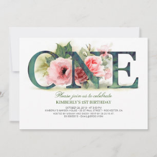 Pink Floral ONE   1st Birthday Party Invitation