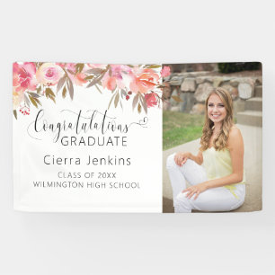Pink Floral One Photo Calligraphy Graduation Banner