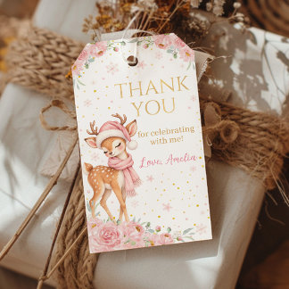 Pink Floral Onederful Deer Winter Party Thank You Gift Tags