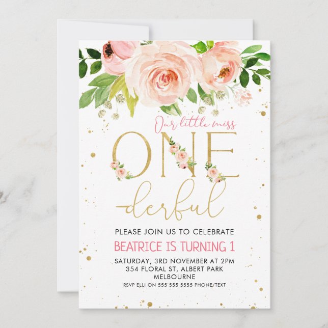 Pink Floral Onederful Girls Birthday Invitation (Front)