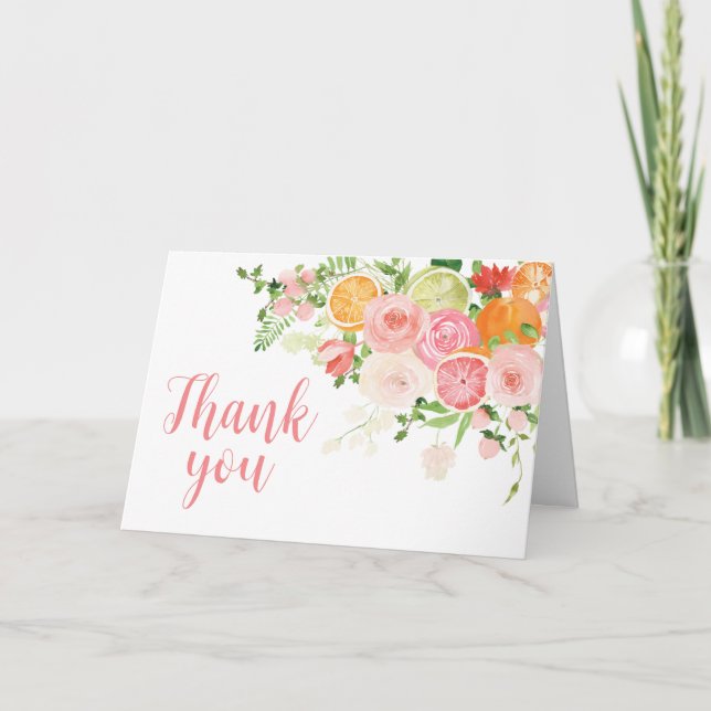 Pink Floral Orange Citrus  Thank You Card (Front)