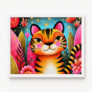 Pink Floral Orange Tiger Painting Poster
