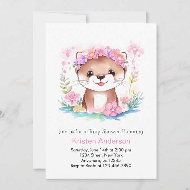 Pink Floral Otter's Dreamscape Girl Baby Shower Invitation (Front)