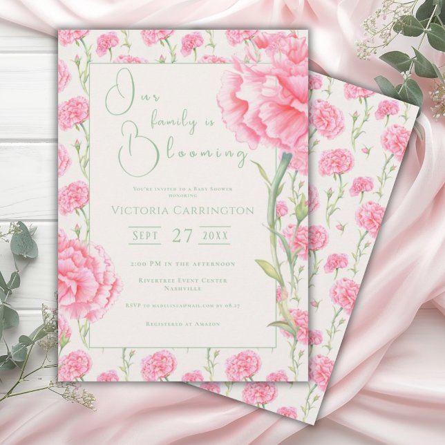 Pink Floral Our Family is Blooming Baby Invitation (Creator Uploaded)