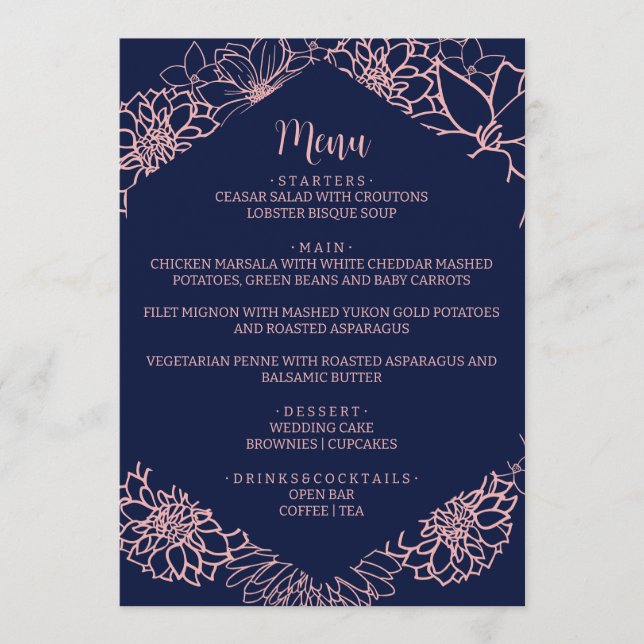 Pink Floral Outline Wedding Menu (Front)
