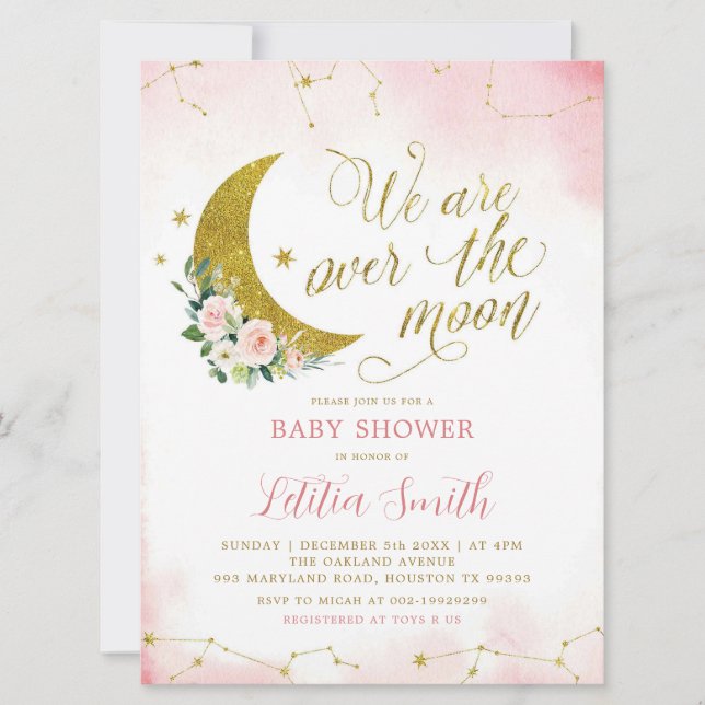 Pink Floral Over the Moon Baby Shower Invitation (Front)