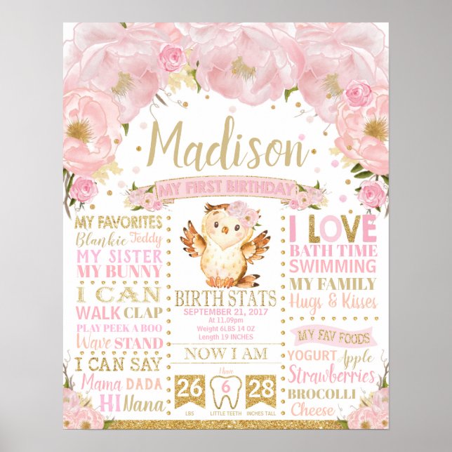 Pink Floral Owl 1st Birthday Milestone Birth Stats Poster (Front)