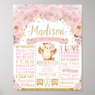 Pink Floral Owl 1st Birthday Milestone Birth Stats Poster