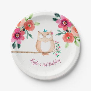 Pink Floral Owl Birthday Paper Plate