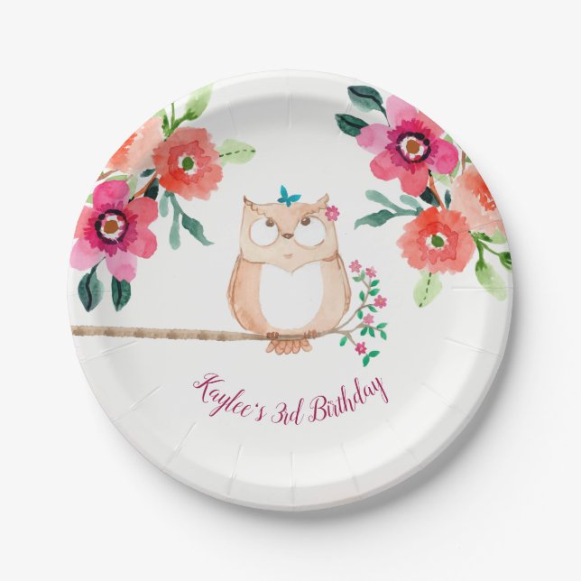 Pink Floral Owl Birthday Paper Plate (Front)