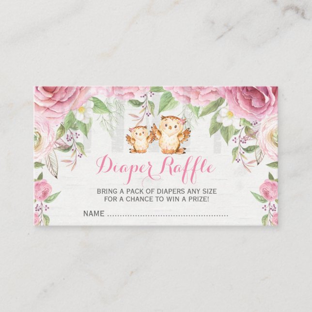 Pink Floral Owl Mummy & Baby Diaper Raffle Ticket Enclosure Card (Front)