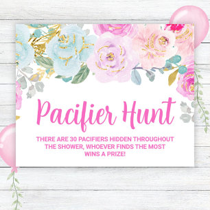Pink Floral Pacifier Hunt Baby Shower Game Sign