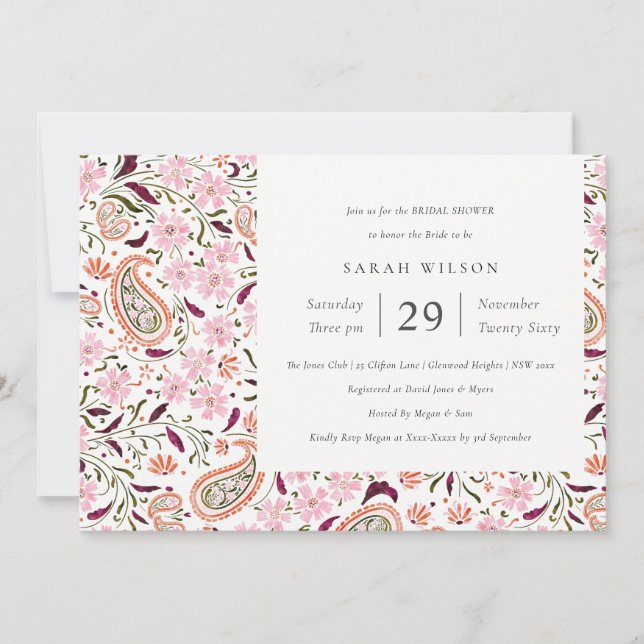 Pink Floral Paisley Motif Bridal Shower Invite (Front)