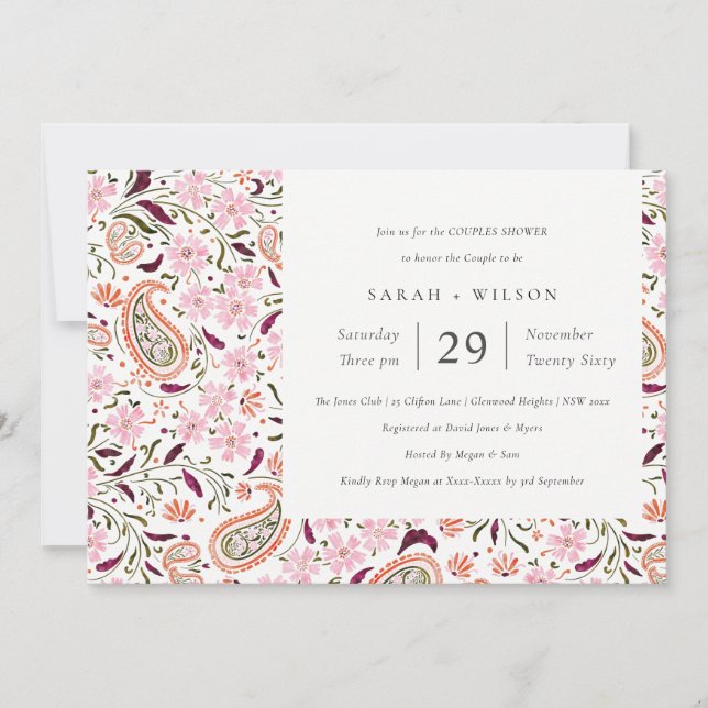 Pink Floral Paisley Motif Couples Shower Invite (Front)