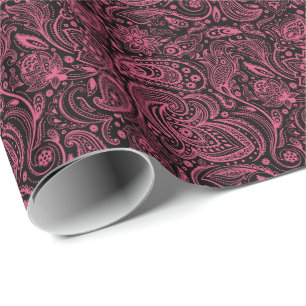 Pink Floral paisley Over Black Background Wrapping Paper