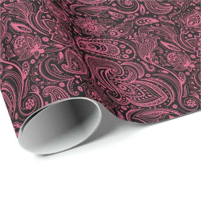 Pink Floral paisley Over Black Background Wrapping Paper (Roll Corner)